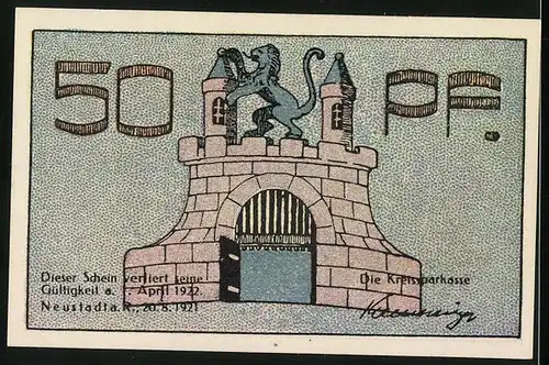 Notgeld Neustadt a. R. 1921, 50 Pfennig, Kirche und Festung mit Löwendarstellung