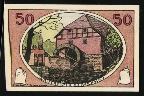 Notgeld Neustadt a. R. 1921, 50 Pfennig, Strohgedecktes Haus, Wassermühle