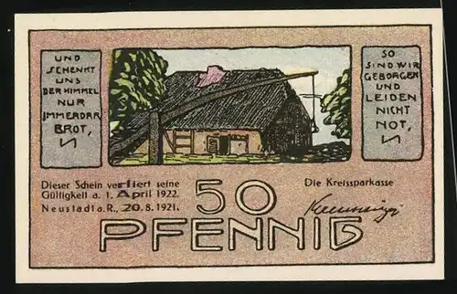 Notgeld Neustadt a. R. 1921, 50 Pfennig, Strohgedecktes Haus, Wassermühle