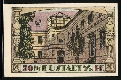 Notgeld Neustadt a. R. 1921, 50 Pfennig, Partie in einem Innenhof