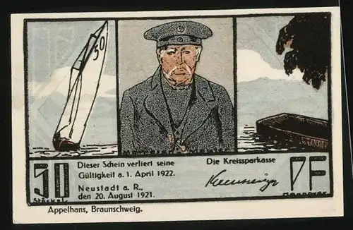 Notgeld Neustadt a. R. 1921, 50 Pfennig, Segelboote, Alter Seemann