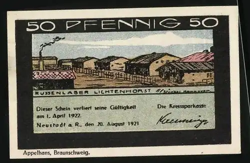 Notgeld Neustadt a. R. 1921, 50 Pfennig, Bauernhof, Russenlager Lichtenhorst