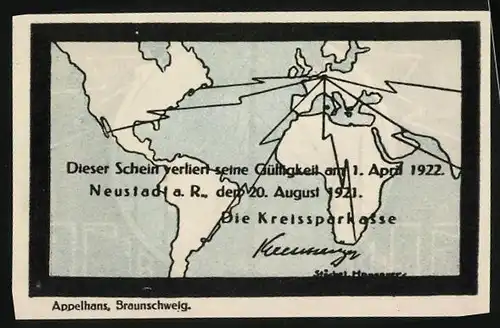Notgeld Neustadt a. R. 1921, 50 Pfennig, Strommast, Vernetzung der Welt