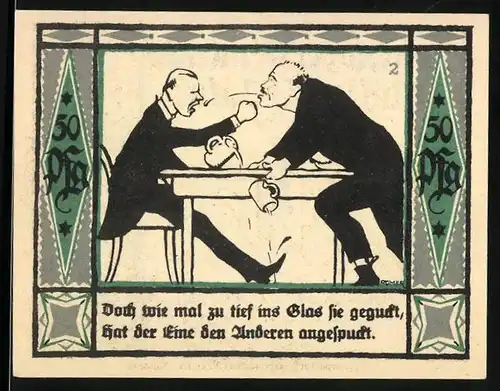 Notgeld Mülsen-St. Jacob 1921, 50 Pfennig, Mann spuckt anderen an
