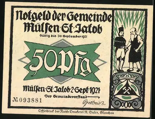 Notgeld Mülsen-St. Jacob 1921, 50 Pfennig, Mann spuckt anderen an