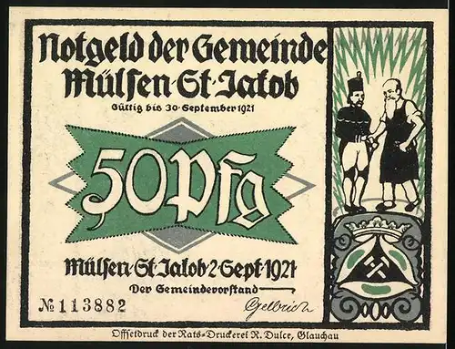 Notgeld Mülsen-St. Jacob 1921, 50 Pfennig, Kadi spricht mit dem Spucker