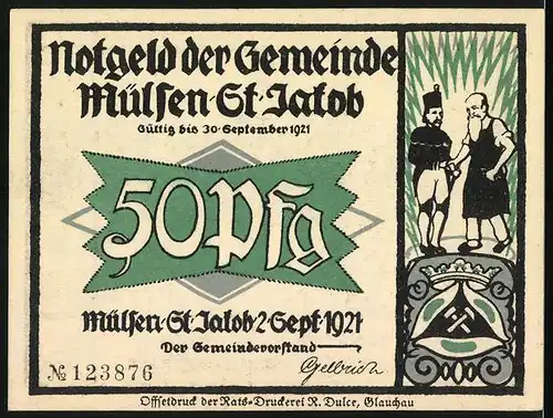 Notgeld Mülsen-St. Jacob 1921, 50 Pfennig, Kadi versucht zu moderieren