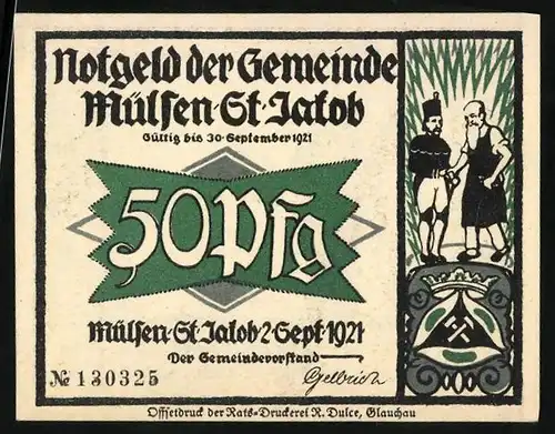 Notgeld Mülsen-St. Jacob 1921, 50 Pfennig, Kläger und Übeltäter besprechen sich