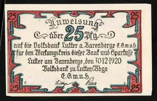 Notgeld Lutter /Bbge. 1920, 25 Pfennig, Tilly nach der Schlacht bei Lutter