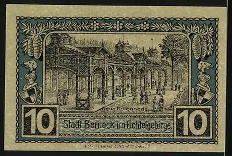 Notgeld Berneck 1921, 10 Pfennig, Ortsansicht in den Hügeln, Neue Kolonnade