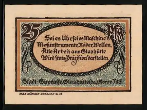 Notgeld Glashütte 1921, 25 Pfennig, Präzisionsethos