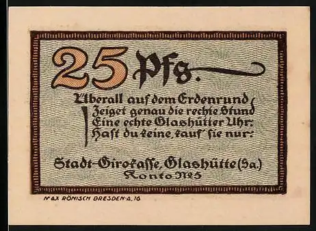 Notgeld Glashütte 1921, 25 Pfennig, Glashütter Uhren