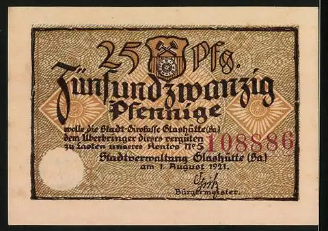 Notgeld Glashütte 1921, 25 Pfennig, Glashütter Uhren