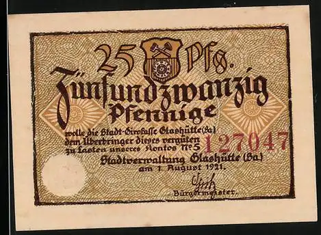 Notgeld Glashütte 1921, 25 Pfennig, Kleinwerkzeuge
