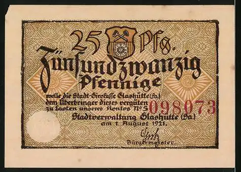 Notgeld Glashütte 1921, 25 Pfennig, Uhrwerksbestandteile