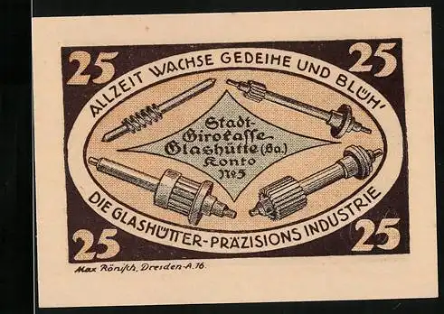 Notgeld Glashütte 1921, 25 Pfennig, Glashütter Präzsions-Industrie