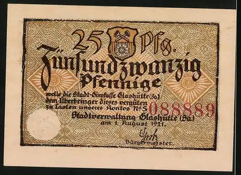 Notgeld Glashütte 1921, 25 Pfennig, Glashütter Präzsions-Industrie