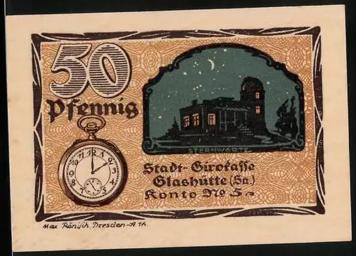 Notgeld Glashütte 1921, 50 Pfennig, Sternwarte bei Nacht