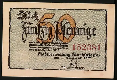 Notgeld Glashütte 1921, 50 Pfennig, Das Rathaus