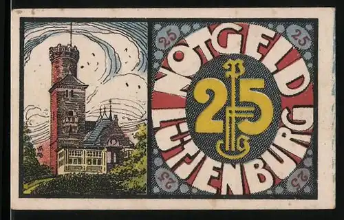 Notgeld Lütjenburg 1921, 25 Pfennig, Ortspartie mit Springbrunnen