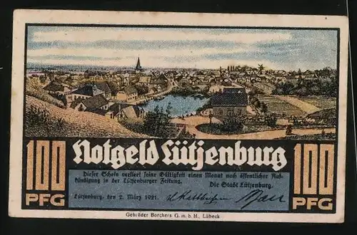 Notgeld Lütjenburg 1921, 100 Pfennig, Ortspartie mit Kirche, Ortsansicht mit Weiher