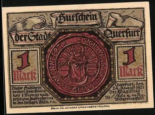 Notgeld Querfurt 1921, 1 Mark, Siegel, Burg