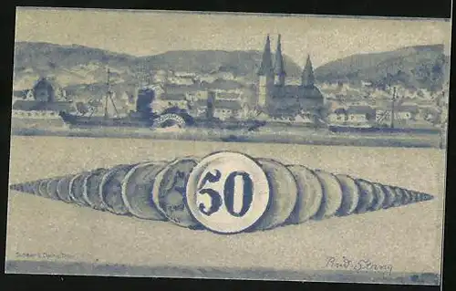 Notgeld Boppard 1920, 50 Pfennig, Wappen, Hafenpanorama mit Raddampfer