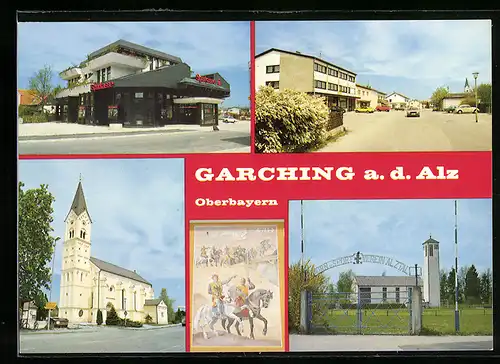 AK Garching a. d. Alz /Obb., Strassenpartie mit Sparkasse, Kirche, Sport Verein Alztal