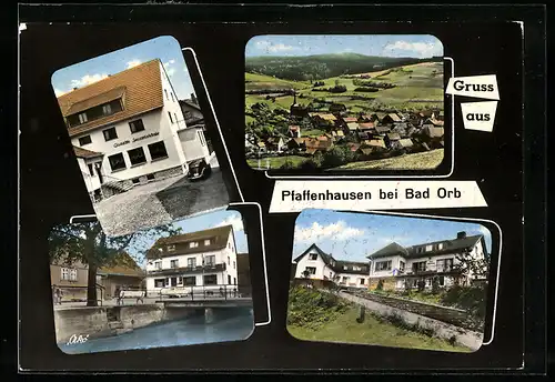 AK Pfaffenhausen bei Bad Orb, Gaststätte Spessartschänke, Strassenpartie mit Brücke