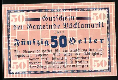 Notgeld Vöcklamarkt, 50 Heller, Bürgermeister Gramlinger