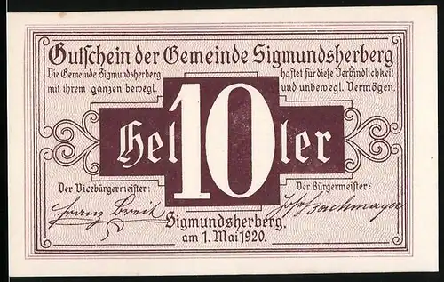 Notgeld Sigmundsherberg 1920, 10 Heller