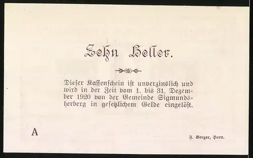 Notgeld Sigmundsherberg 1920, 10 Heller