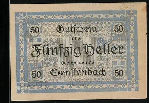 Notgeld Senftenbach 1920, 50 Heller, Bürgermeister Joh. Frixeder