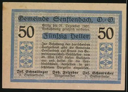 Notgeld Senftenbach 1920, 50 Heller, Bürgermeister Joh. Frixeder