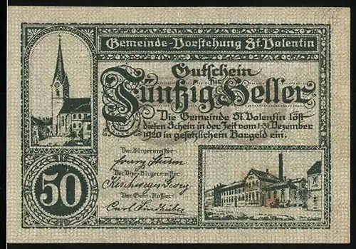 Notgeld St. Valentin 1920, 50 Heller, Kirche, Bürgermeister Franz Sturm