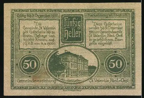 Notgeld St. Valentin 1920, 50 Heller, Kirche, Bürgermeister Franz Sturm