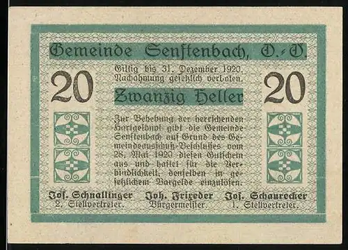 Notgeld Senftenbach 1920, 20 Heller, Bürgermeister Joh. Frixeder