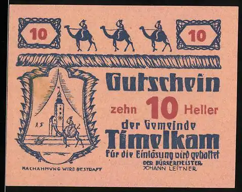 Notgeld Timelkam 1920, 10 Heller, Kamelkarawane und Wappen