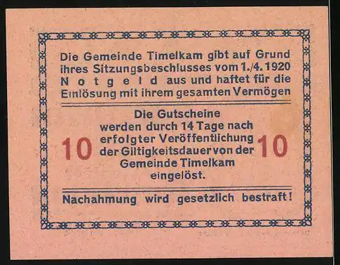 Notgeld Timelkam 1920, 10 Heller, Kamelkarawane und Wappen