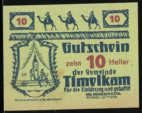 Notgeld Timelkam 1920, 10 Heller, Kamelkarawane und Wappen