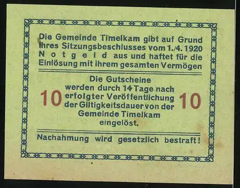 Notgeld Timelkam 1920, 10 Heller, Kamelkarawane und Wappen