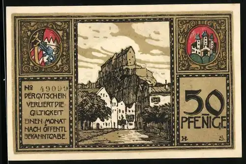 Notgeld Burghausen /Bayern 1918, 50 Pfennige, Burg und Wappen