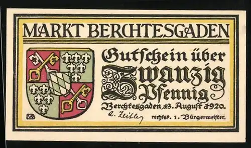 Notgeld Berchtesgaden 1920, 20 Pfennige, Wappen und Berge
