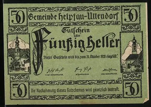 Notgeld Helpfau-Uttendorf 1920, 50 Heller, Kirchen