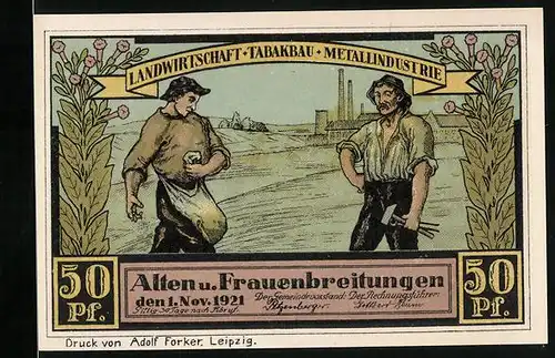 Notgeld Altenbreitungen & Frauenbreitungen 1921, 50 Pfennige, Bauer und Arbeiter, Blick von der Werrabrücke