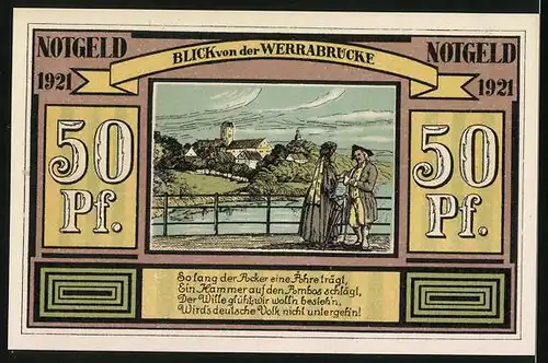 Notgeld Altenbreitungen & Frauenbreitungen 1921, 50 Pfennige, Bauer und Arbeiter, Blick von der Werrabrücke