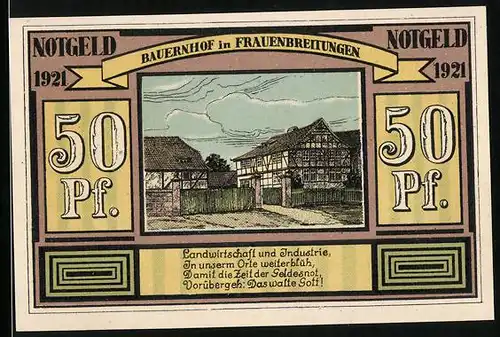 Notgeld Altenbreitungen & Frauenbreitungen 1921, 50 Pfennige, Bauernhaus, Bauer und Arbeiter