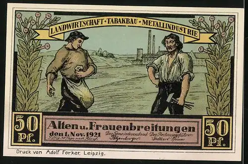 Notgeld Altenbreitungen & Frauenbreitungen 1921, 50 Pfennige, Bauernhaus, Bauer und Arbeiter