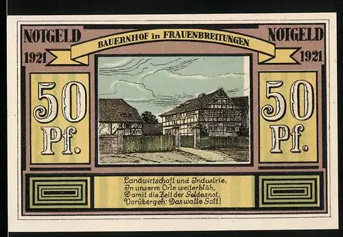 Notgeld Altenbreitungen & Frauenbreitungen 1921, 50 Pfennige, Bauer und Arbeiter, Bauernhaus Altenbreitungen