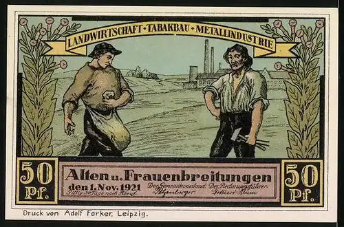 Notgeld Altenbreitungen & Frauenbreitungen 1921, 50 Pfennige, Bauer und Arbeiter, Bauernhaus Altenbreitungen